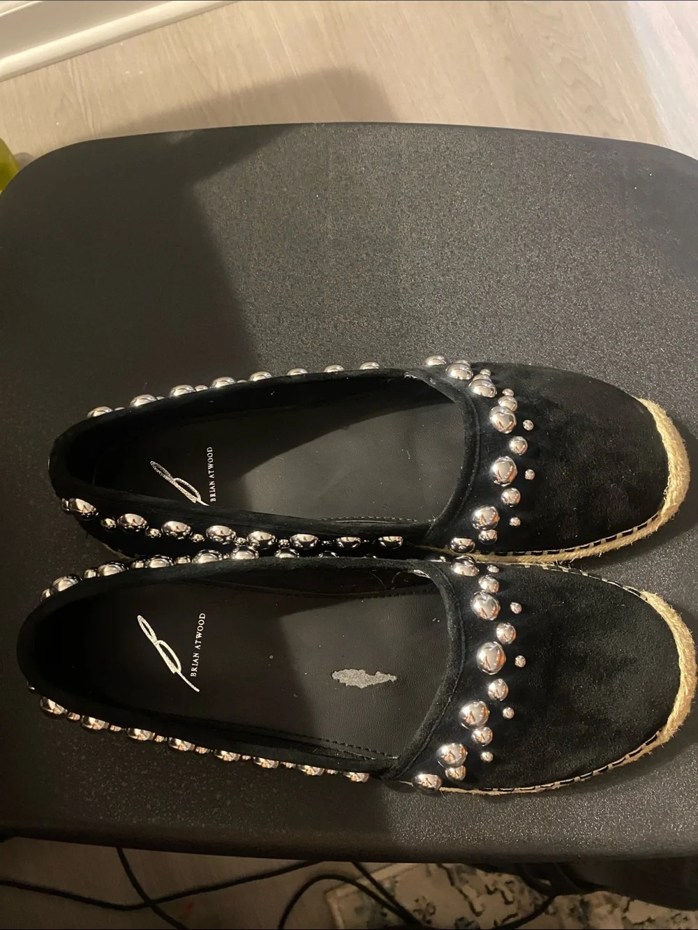 B Brian Atwood Eli black suade Espadrilles flats shoes w/studs 8.5